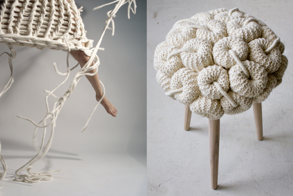 Left  textiles by Nanna Van Blaaderen - right Knit Stool by Claire-Anne O'Brien