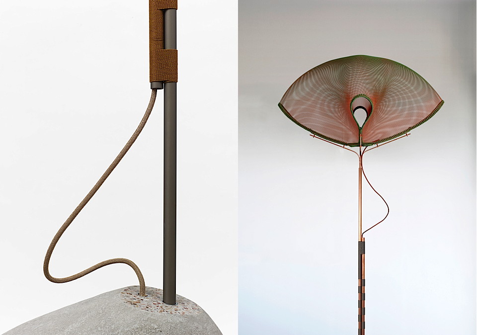 Left : Gi Cord detail. Right: Meiyo Mesh Lamp. Photos by Fabrice Gousset